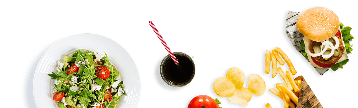 Салат с помидорами, сыром, авокадо, рукколой, кедровыми орехами и жареный бургер с газировкой